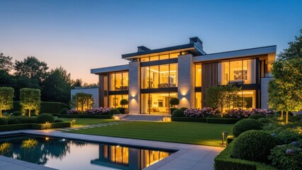 Fototapeta premium A large, modern house with a well-manicured lawn and pool at dusk