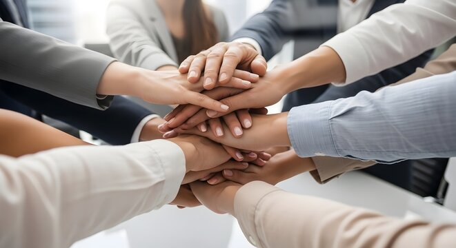 Teamwork success: Diverse hands connecting for collaboration and support