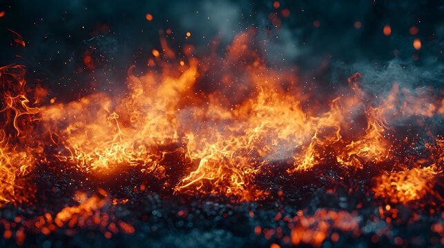 Dangerous inferno flames with hot sparks and dark haze image