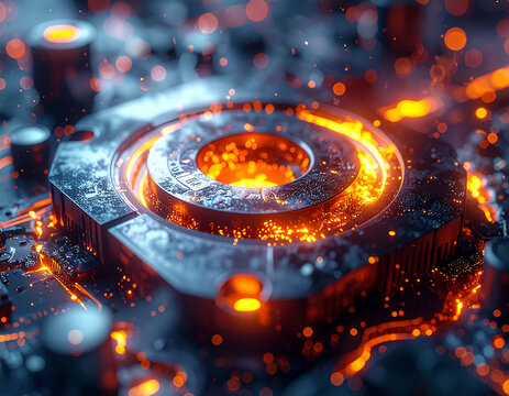 Advanced electronic circuit board with molten metal textures and glowing embers for heavy industry and hardware manufacturing