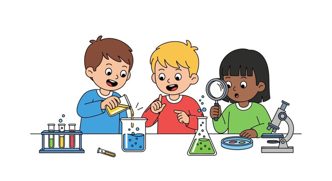 Diverse kids doing science experiment, learning, education, chemistry, biology, lab equipment