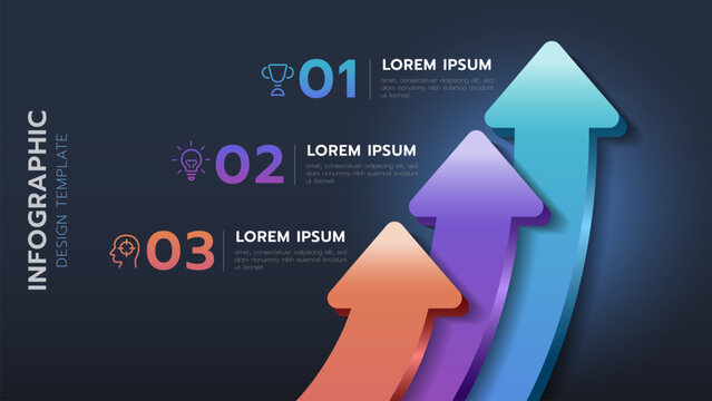 Business infographic template with three arrows in steps for a success and growth concept. Illustration for presentation.