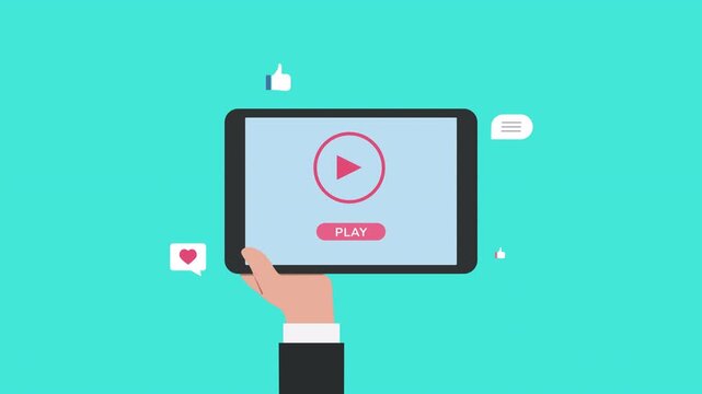Video marketing. Playing video on mobile. Video marketing hand holds tablet displaying play button for media content. Suitable for social media ads, promotional videos, digital marketing. 2d animation