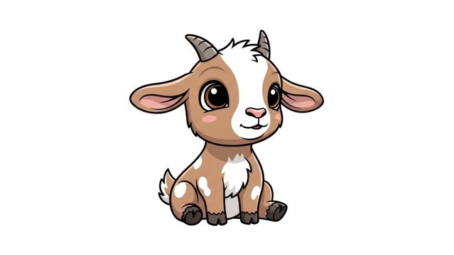 A cartoon illustration of a cute baby goat with brown and white fur, small horns, and large eyes