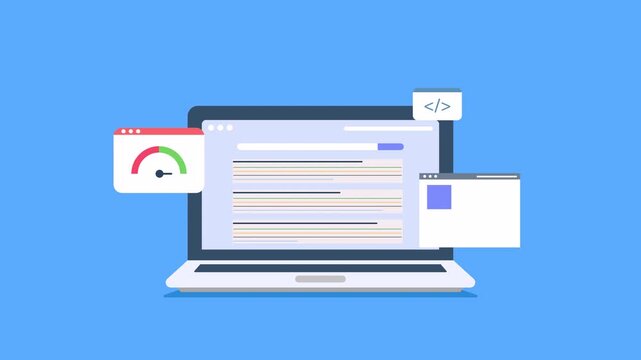 SEO optimization strategy. Website performance analysis. Seo optimization strategy laptop showcases diverse search engine elements for enhanced ranking. 2d animation.