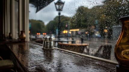 Obraz premium Rain falls on a window with dark clouds in the background while people walk by on the street in a city during an evening