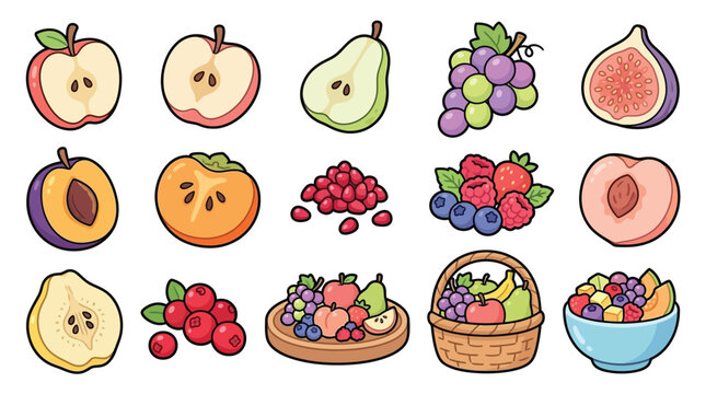 A vibrant collection of fresh, ripe fruits, including apples, pears, grapes, figs, plums, persimmons, pomegranates, berries, peaches, cranberries, and fruit salads, artfully arranged.