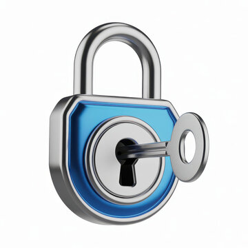 Metallic padlock with blue trim and inserted key isolated on a clean white background