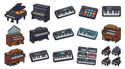 A diverse collection of various keyboard instruments, including grand pianos, upright pianos, organs, and modern synthesizers, presented in a clear, illustrative style. © geira