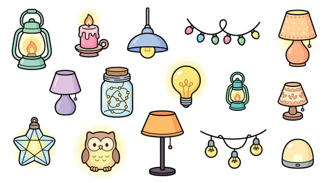 A charming collection of various light sources, including lanterns, candles, lamps, and string lights, all rendered in a cute, cartoonish style.