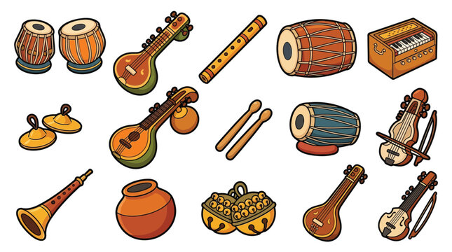 A vibrant collection of Indian musical instruments, showcasing traditional percussion, string, and wind instruments.