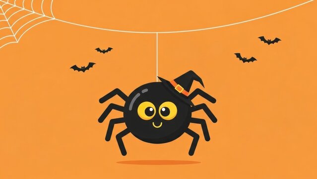 A cartoon black spider with a smiling face hangs from a white thread against an orange background with a partial spider web and small flying bats
