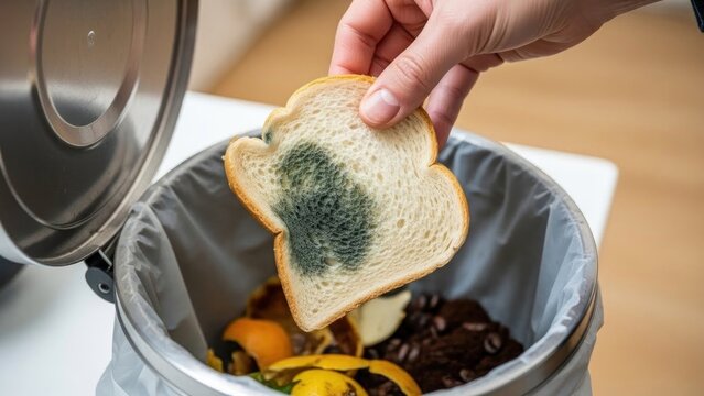 A hand holds moldy bread over a nearly full trash can