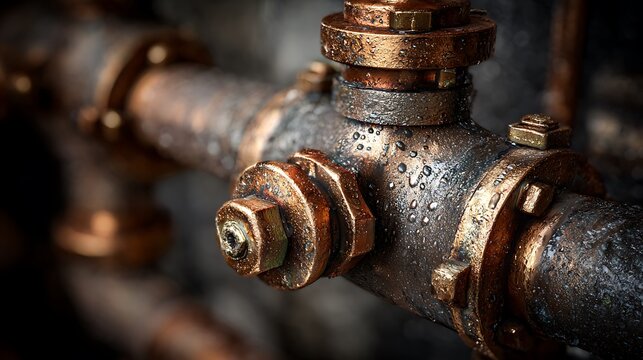 Close up of an industrial bronze and steel plumbing valve with water droplets.