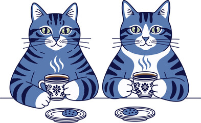 Two cats drinking coffee and eating cookies at table illustration featuring blue tabby felines with hot mugs and small snacks on transparent background for morning breakfast concepts. © Kawsar