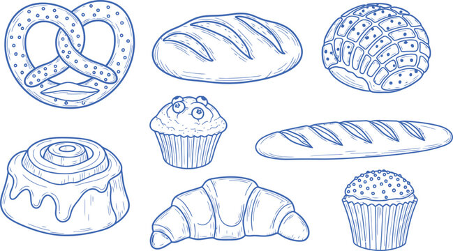 Bakery product collection with pretzel bread and muffin sketches on transparent background for food design projects including various pastry items like croissants and cinnamon rolls.