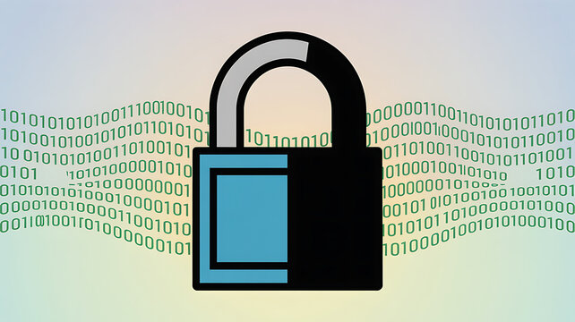 Cybersecurity Padlock Icon over Binary Code for Data Privacy and Secure Encryption Technology