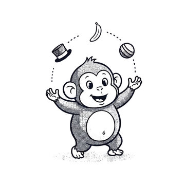 Monkey juggling objects with hands up.