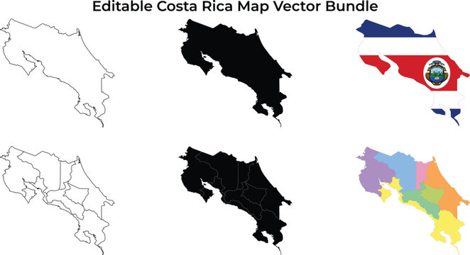 Costa rica map outlines, silhouette, flag, and provinces