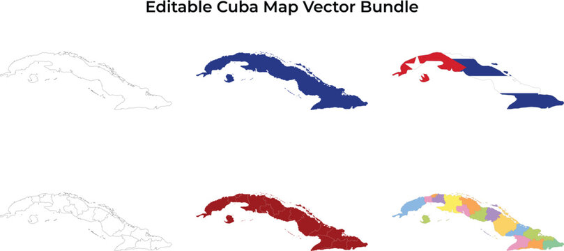 Six cuba map variations: outline, solid blue, flag, red, and multicolor
