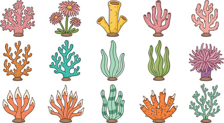 Coral, reef, collection, underwater, sea, plants, marine, ocean, vector, illustration, set, aquatic, nature, tropical, design, colorful, elements, decorative © MdSayed