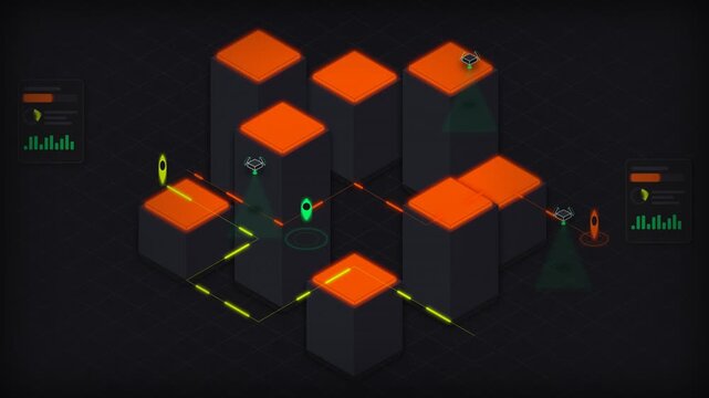 Smart Logistics Isometric 4K Background, Glowing Orange Cybernetic Supply Chain Network Animation