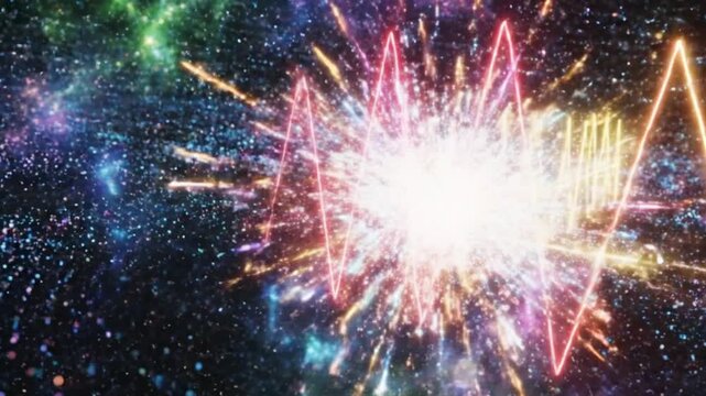 Vibrant Cosmic Explosion with Sound Waves and Stars, Abstract Space Background