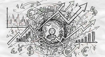 Fototapeta premium Economic uncertainty and market chaos overwhelm a stressed person, illustrated with hand-drawn currency symbols, rising arrows, charts