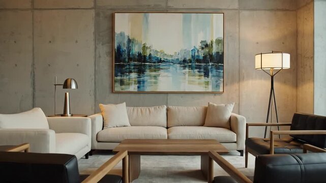 Minimalist interior lounge with light-toned concrete panel walls, a large abstract landscape painting, cream sofa, black leather armchairs, wooden coffee table, and warm lighting.
