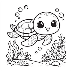 Cute cartoon turtle swimming with bubbles and coral black and white line drawing © arifahmed