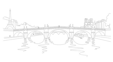 Fototapeta premium Parisian Bridge Sketch: Eiffel Tower & Notre Dame Outline