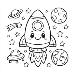 A black and white line drawing depicting a cartoon rocket ship surrounded by planets, stars, and a UFO. © arifahmed
