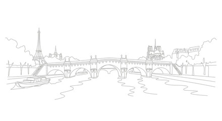 Fototapeta premium Parisian Skyline Sketch: Eiffel Tower, Notre Dame, Seine River Bridge, Boat