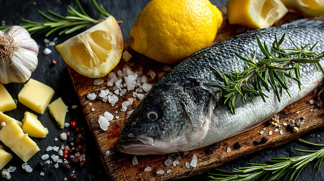 Fresh whole raw fish with lemon garlic rosemary and herbs sea bass sea bream food styling