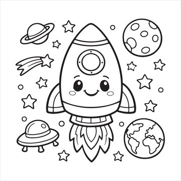 A black and white line drawing depicting a cartoon rocket ship surrounded by planets, stars, and a UFO.