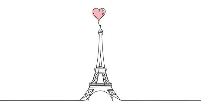 Eiffel Tower with Pink Heart Balloon - Minimalist Paris Romance Line Art
