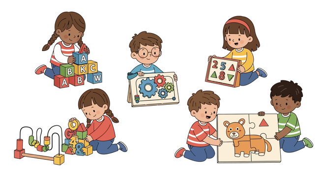 Diverse children playing with educational toys, learning and development