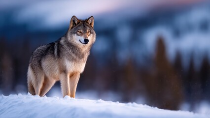 Fototapeta premium Majestic gray wolf with glowing golden eyes stands on a snowy ridge in winter light.