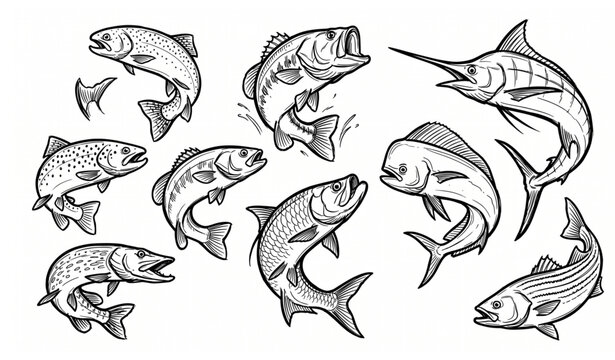 Fishing fish doodle set trout bass marlin jumping swimming hand drawn vector illustration