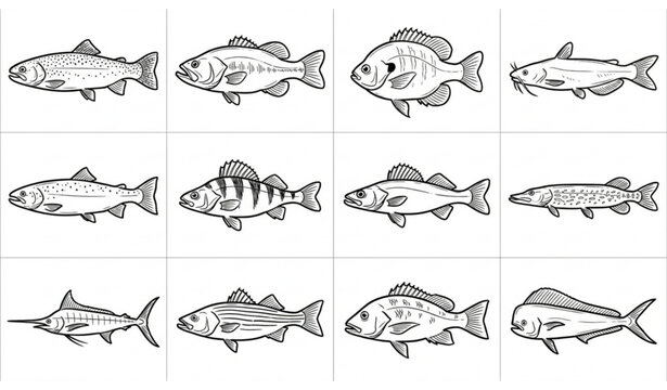Hand drawn fish vector set trout bass marlin fishing illustration collection for logos and design