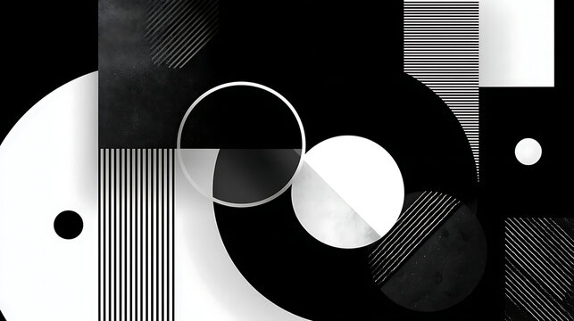 Black and White Geometric Abstract with Circles and Stripes Grunge Texture Style