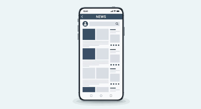 Mobile phone displaying a news feed application with various articles and images on a light grey background