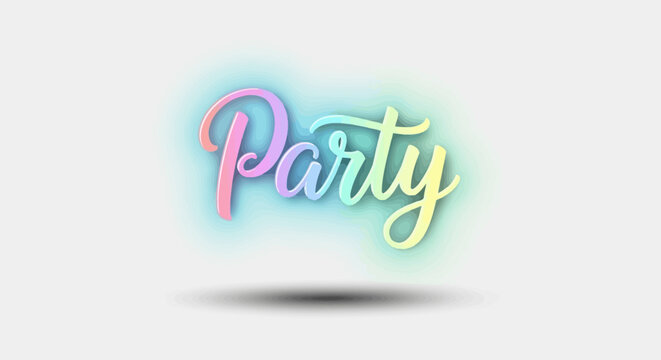 Vibrant illuminated 'Party' text in a playful script font with a colorful pastel gradient and glowing neon effect, ideal for event invitations or festive designs