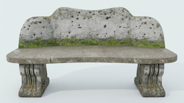 Weathered stone garden bench with mossy texture and curved backrest isolated on white background