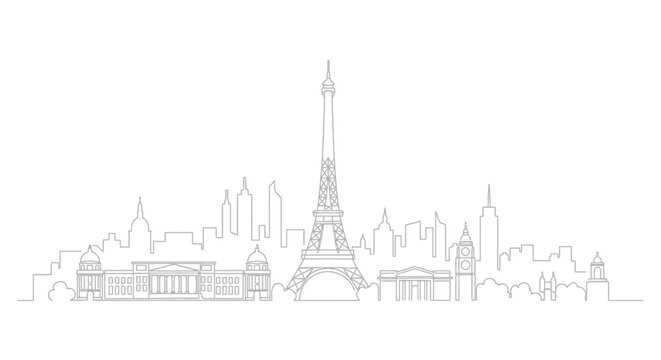 Paris Skyline Outline Drawing - Eiffel Tower, Louvre, Big Ben, Cityscape