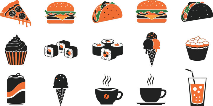 Orange and black food various cuisine types food orange and black pizza burgers tacos sushi