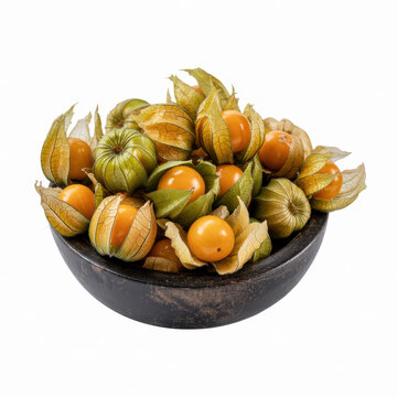 A dark wooden bowl filled with fresh physalis or cape gooseberry fruits on a white background