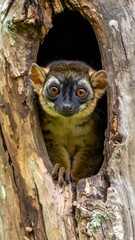 Fototapeta premium Close-up of a lemur peeking out from a tree cavity, showcasing its striking eyes and curious expression. The rough bark surrounds the animal