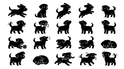 Naklejka premium Black and White Dog Silhouettes: Playful Puppy Icons, Vector Art