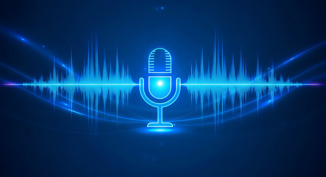 Glowing neon microphone with blue digital sound wave isolated on transparent background
